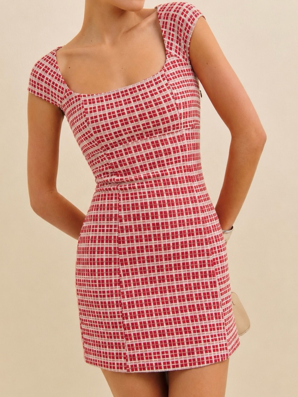 Reformation Xenia Knit Dress / Checkered Red - Size L ( fits like M)
